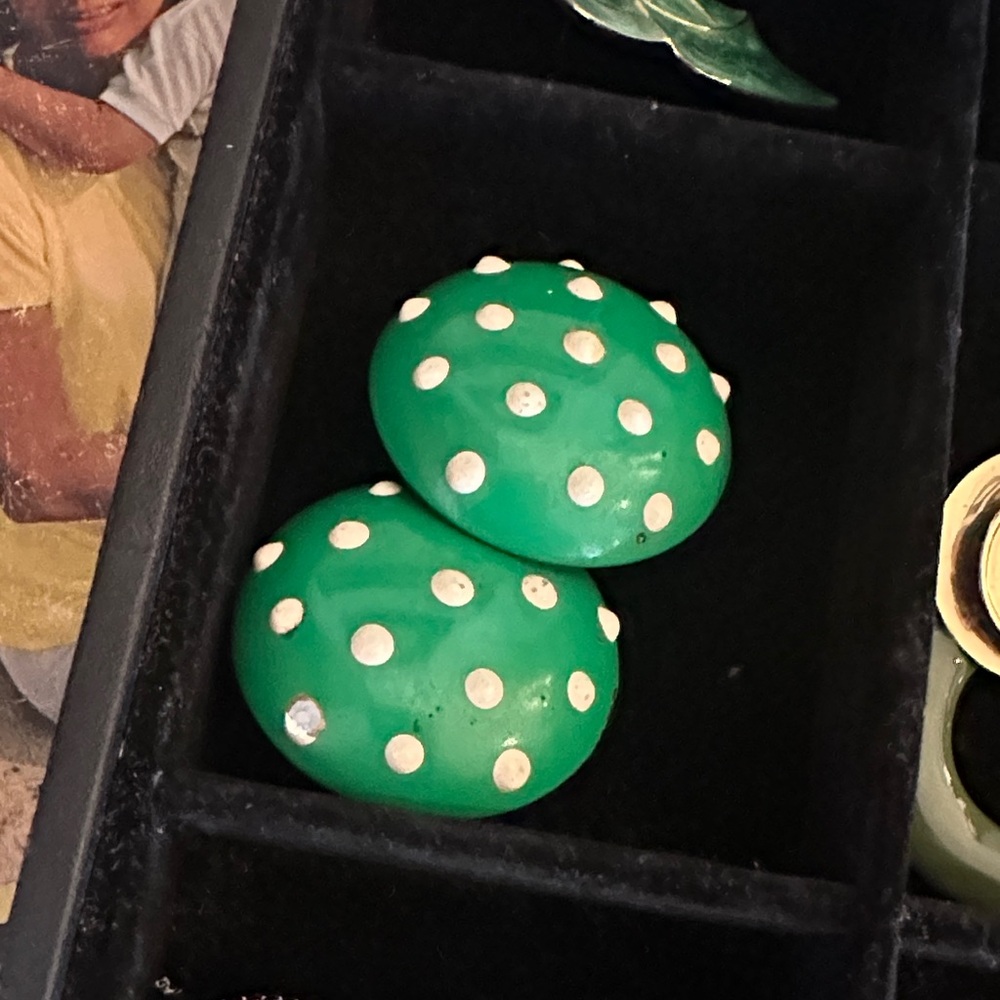 Vintage metal Green Polka Dot statement retro earrings 1.75” approx.